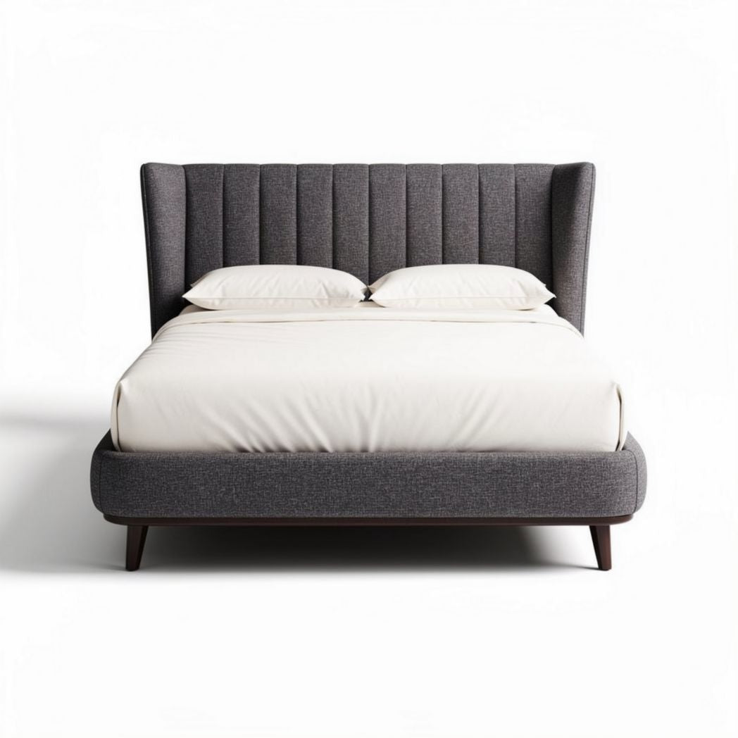 Letto matrimoniale in tessuto grigio con testiera alta dimensioni 200 x 160 x 100cm